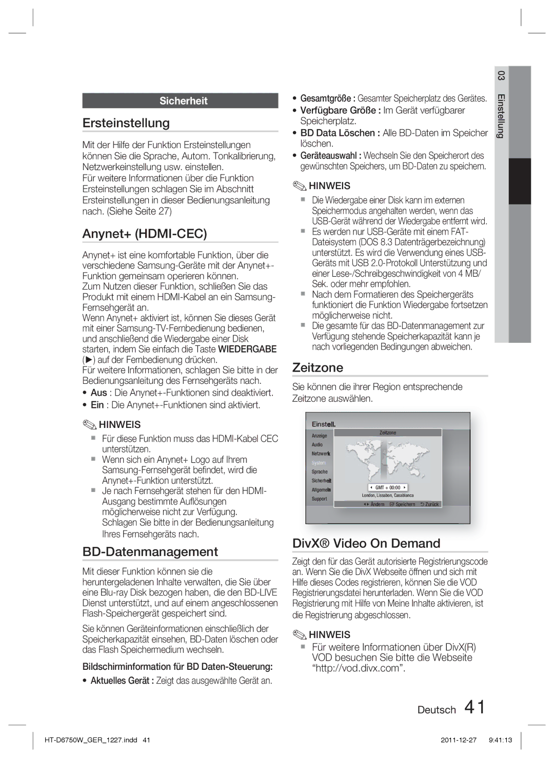 Samsung HT-D6750W/ZF, HT-D6750W/TK manual Ersteinstellung, BD-Datenmanagement, Zeitzone, Sicherheit, Nach. Siehe Seite 