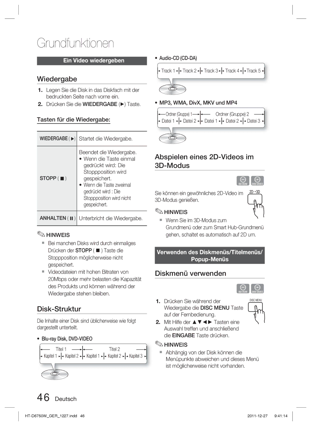 Samsung HT-D6750W/ZF Grundfunktionen, Wiedergabe, Disk-Struktur, Abspielen eines 2D-Videos im 3D-Modus, Diskmenü verwenden 