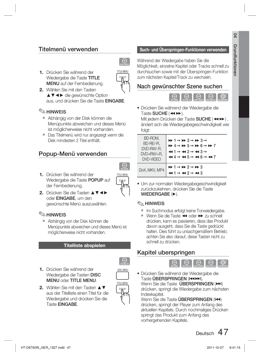 Samsung HT-D6750W/EN manual Titelmenü verwenden, Popup-Menü verwenden, Nach gewünschter Szene suchen, Kapitel uberspringen 