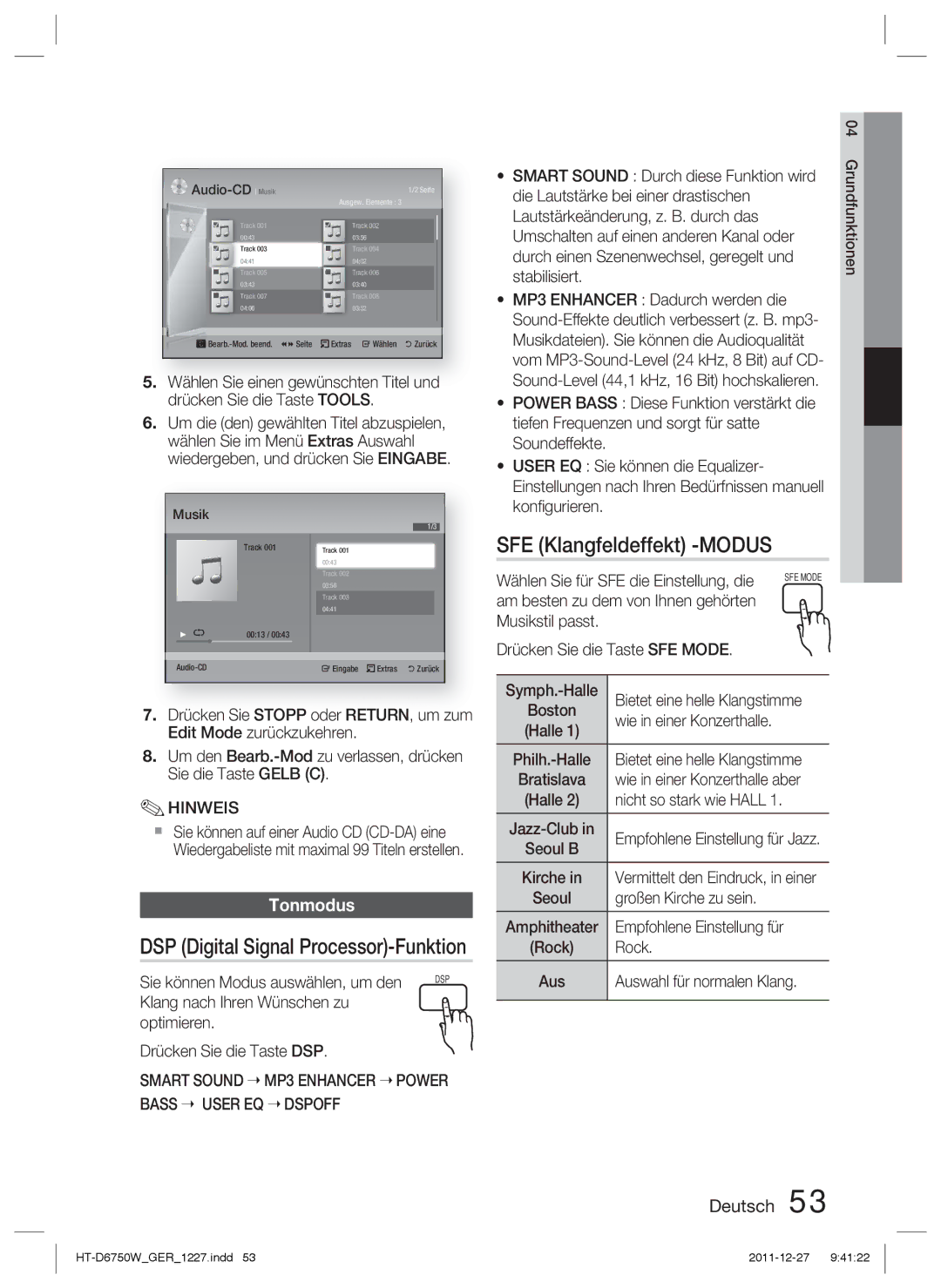 Samsung HT-D6750W/XE, HT-D6750W/TK manual SFE Klangfeldeffekt -MODUS, DSP Digital Signal Processor-Funktion, Tonmodus 