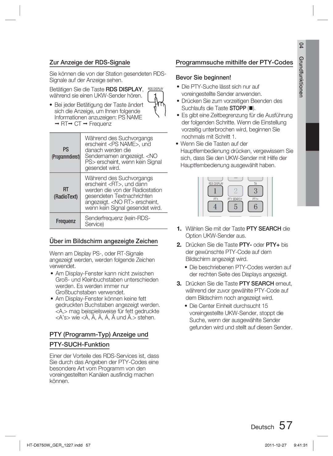 Samsung HT-D6750W/EN manual Zur Anzeige der RDS-Signale, Über im Bildschirm angezeigte Zeichen, Bevor Sie beginnen, Rt Ct 