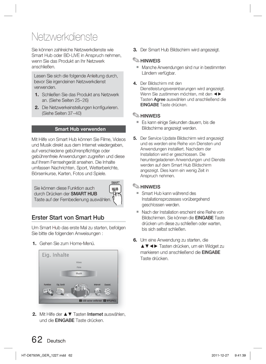 Samsung HT-D6750W/EN, HT-D6750W/TK, HT-D6750W/XN manual Netzwerkdienste, Erster Start von Smart Hub, Smart Hub verwenden 