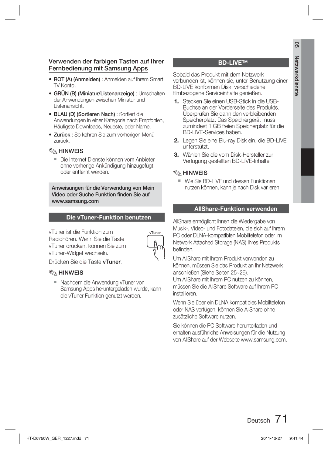 Samsung HT-D6750W/ZF manual Die vTuner-Funktion benutzen, AllShare-Funktion verwenden, ﬁlmbezogene Serviceinhalte genießen 