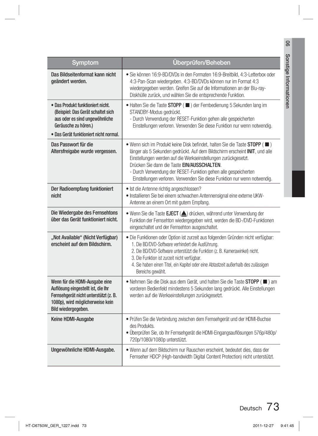 Samsung HT-D6750W/XE Geändert werden, Diskhülle zurück, und wählen Sie die entsprechende Funktion, STANDBY-Modus gedrückt 