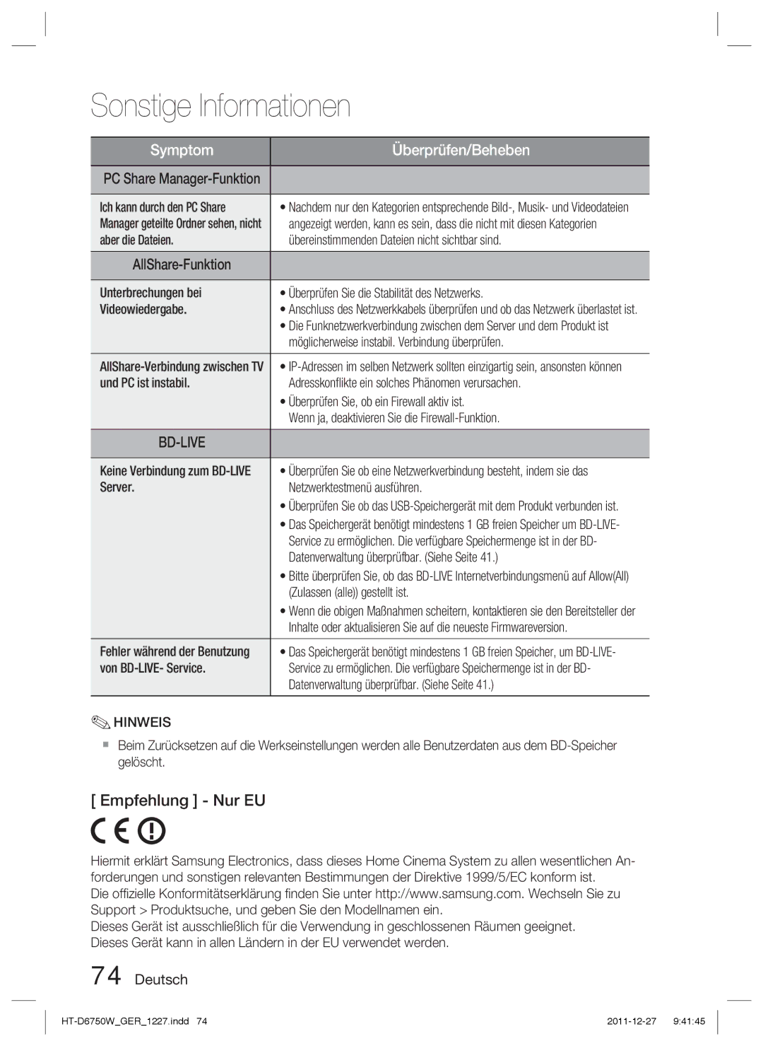 Samsung HT-D6750W/TK, HT-D6750W/XN, HT-D6750W/ZF, HT-D6750W/EN, HT-D6750W/XE manual Empfehlung Nur EU 