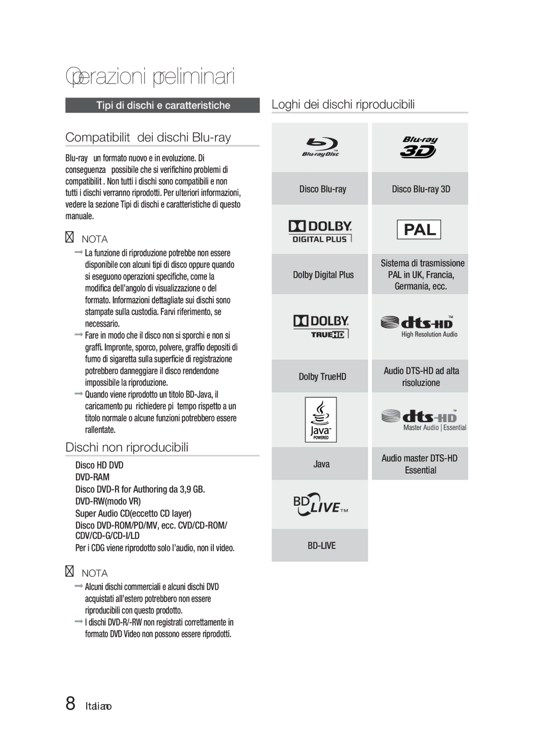 Samsung HT-D6750W/ZF manual Compatibilità dei dischi Blu-ray, Dischi non riproducibili, Tipi di dischi e caratteristiche 