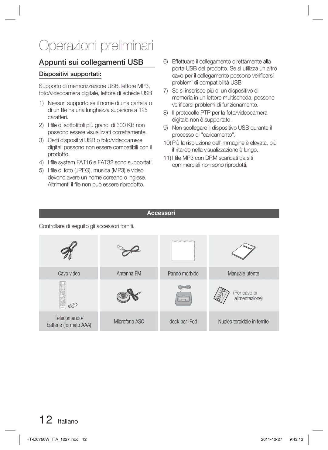 Samsung HT-D6750W/XN manual Appunti sui collegamenti USB, Dispositivi supportati, Accessori, Nucleo toroidale in ferrite 