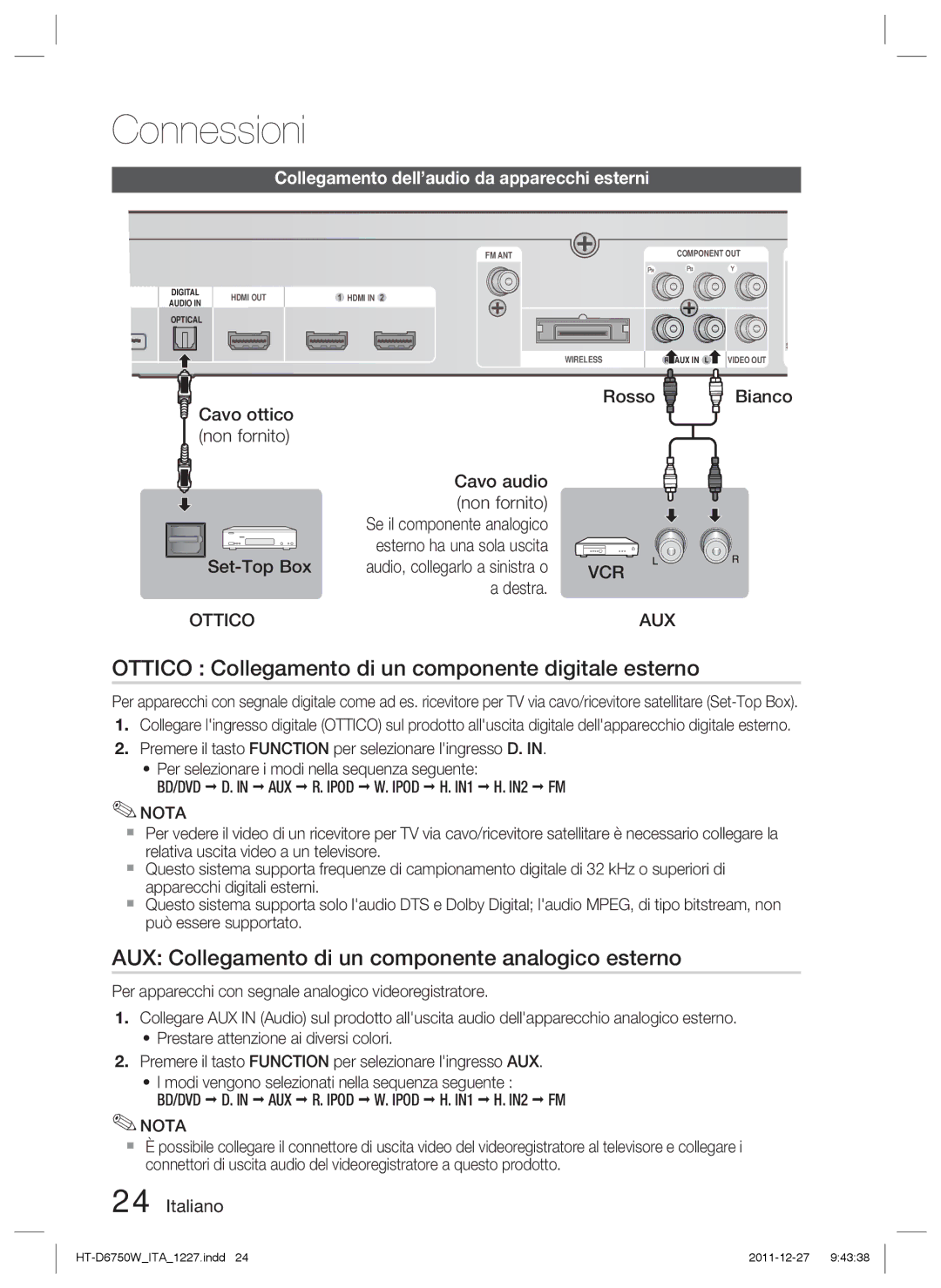 Samsung HT-D6750W/EN Ottico Collegamento di un componente digitale esterno, Collegamento dell’audio da apparecchi esterni 