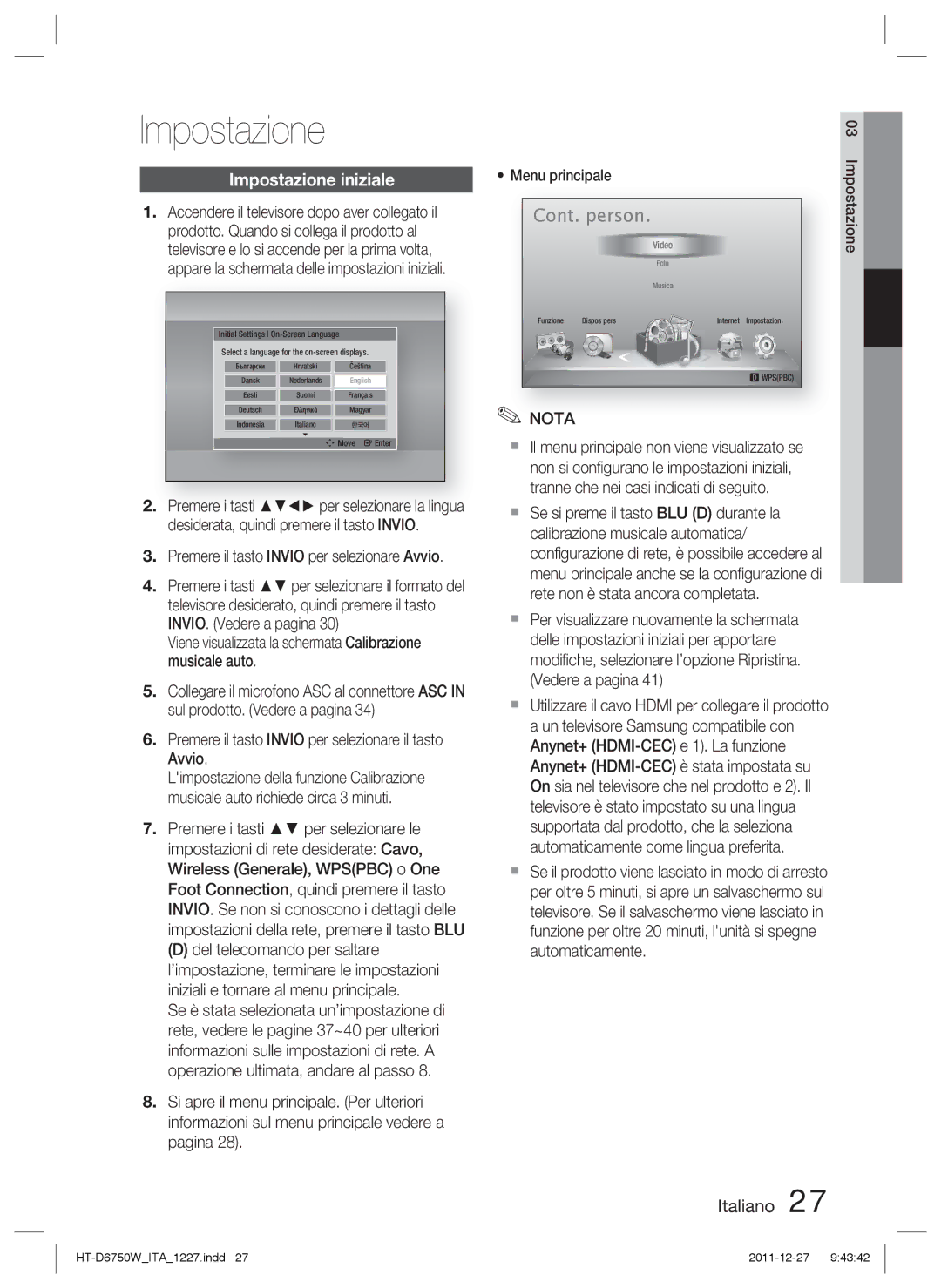 Samsung HT-D6750W/XN manual Impostazione iniziale, Premere il tasto Invio per selezionare Avvio, Menu principale 