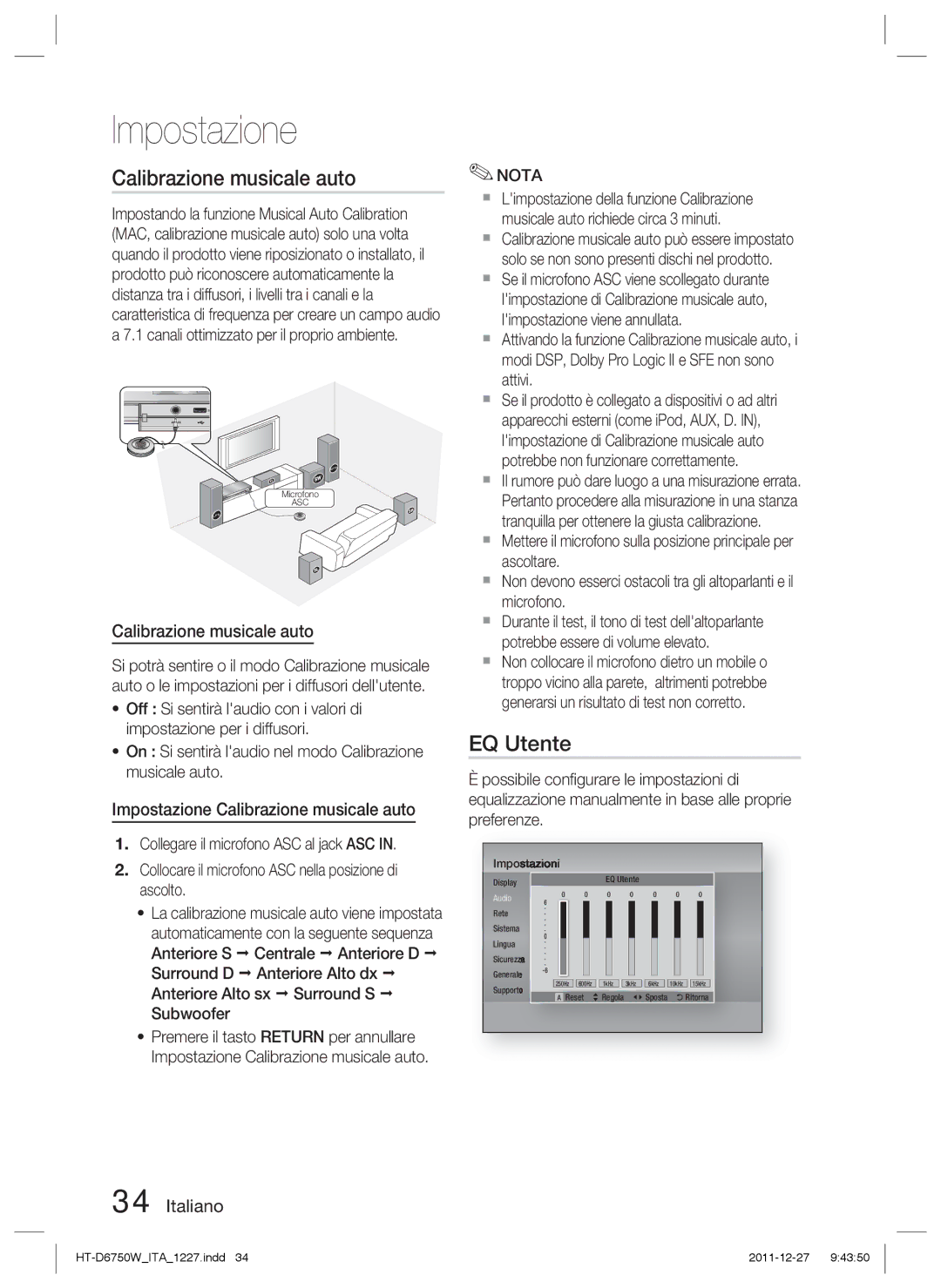 Samsung HT-D6750W/EN, HT-D6750W/TK, HT-D6750W/XN, HT-D6750W/ZF manual EQ Utente, Impostazione Calibrazione musicale auto 