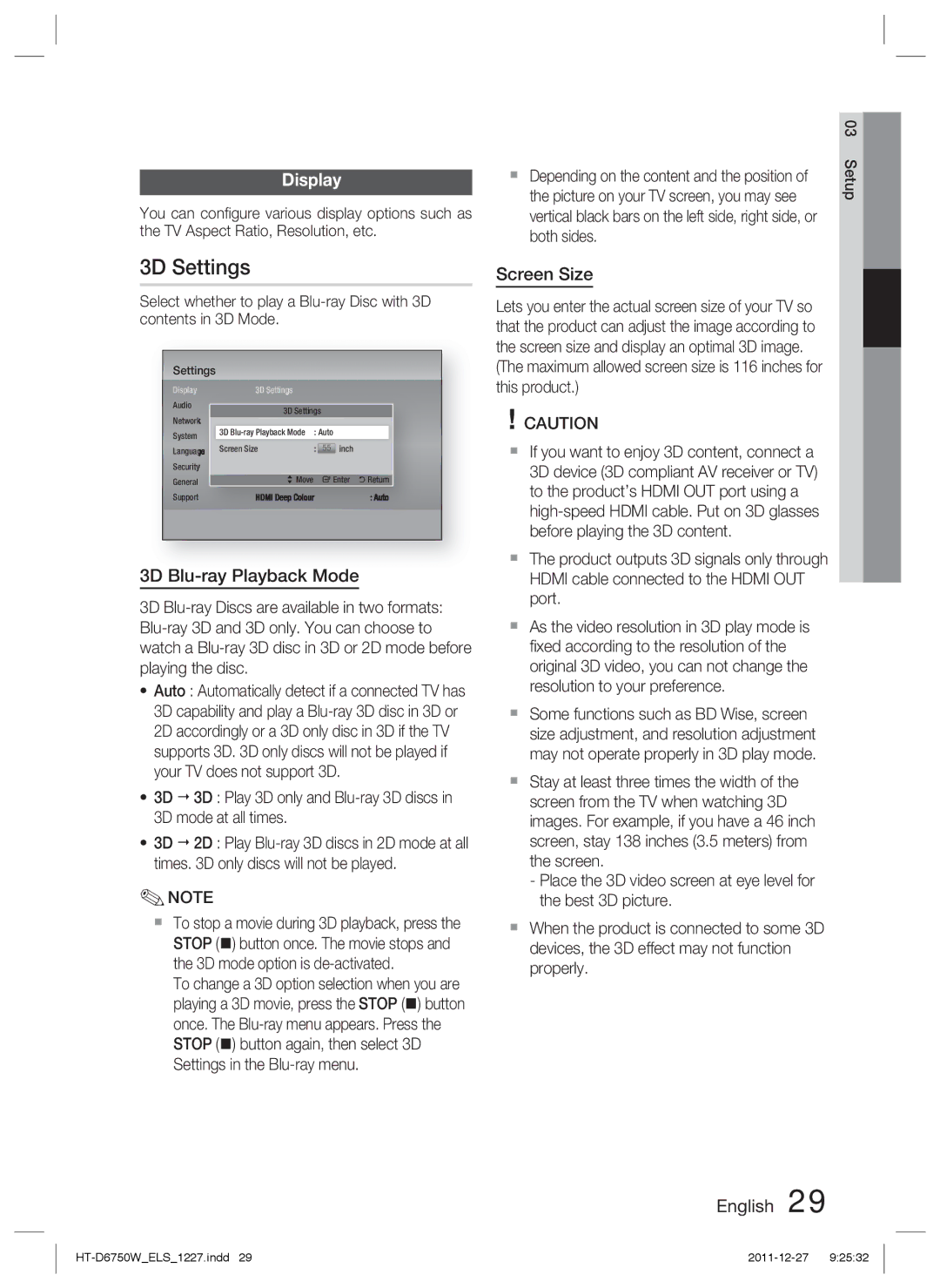 Samsung HT-D6750W/XE, HT-D6750W/TK, HT-D6750W/XN manual 3D Settings, Display, 3D Blu-ray Playback Mode, Screen Size, Setup 