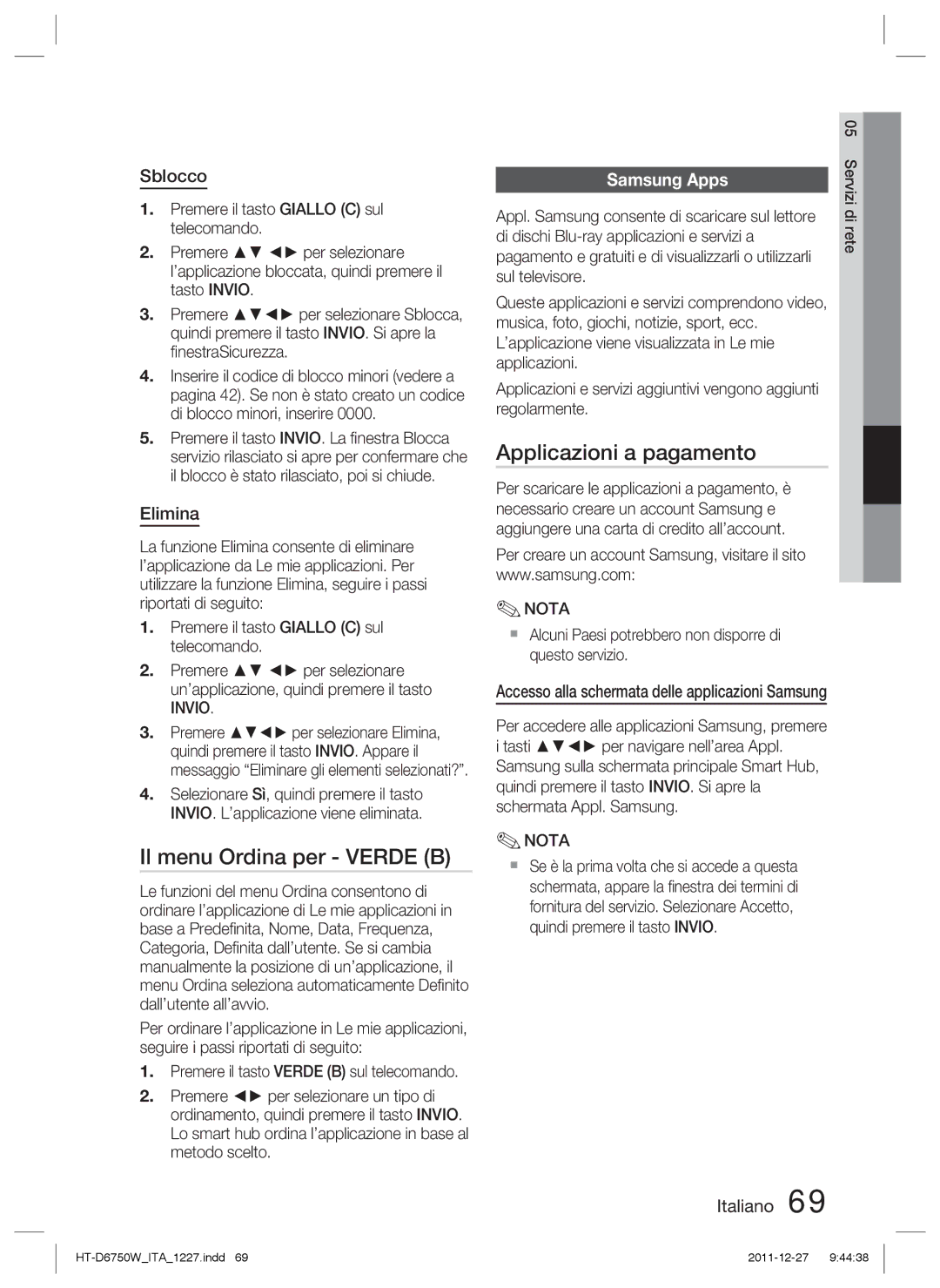 Samsung HT-D6750W/EN, HT-D6750W/TK, HT-D6750W/XN Il menu Ordina per Verde B, Applicazioni a pagamento, Sblocco, Elimina 