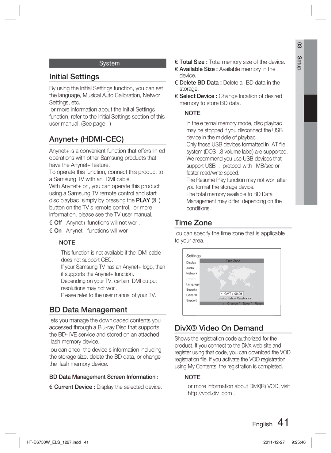 Samsung HT-D6750W/XN, HT-D6750W/TK Initial Settings, Anynet+ HDMI-CEC, BD Data Management, Time Zone, DivX Video On Demand 