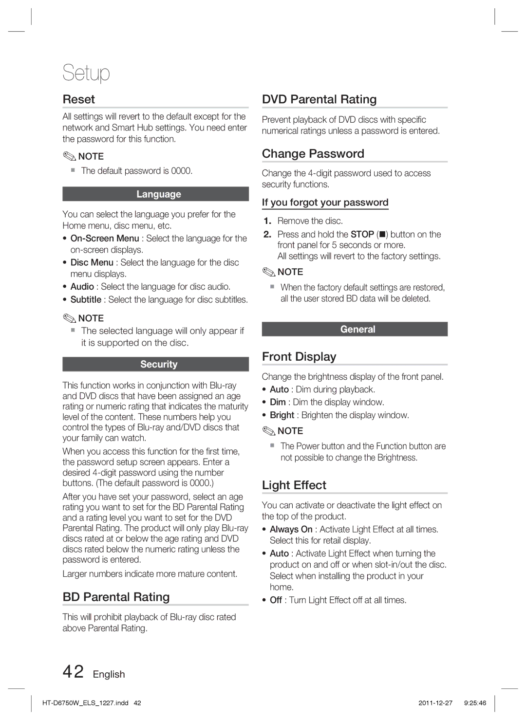 Samsung HT-D6750W/ZF manual Reset, BD Parental Rating, DVD Parental Rating, Change Password, Front Display, Light Effect 