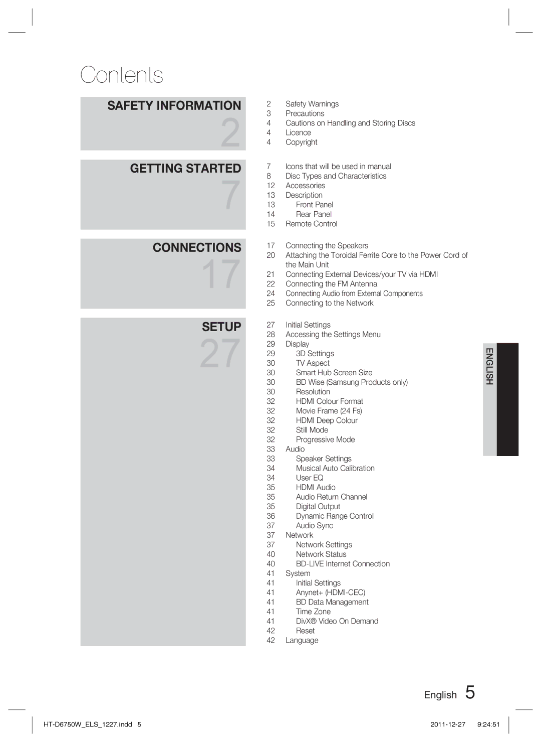 Samsung HT-D6750W/TK, HT-D6750W/XN, HT-D6750W/ZF, HT-D6750W/EN, HT-D6750W/XE manual Contents 