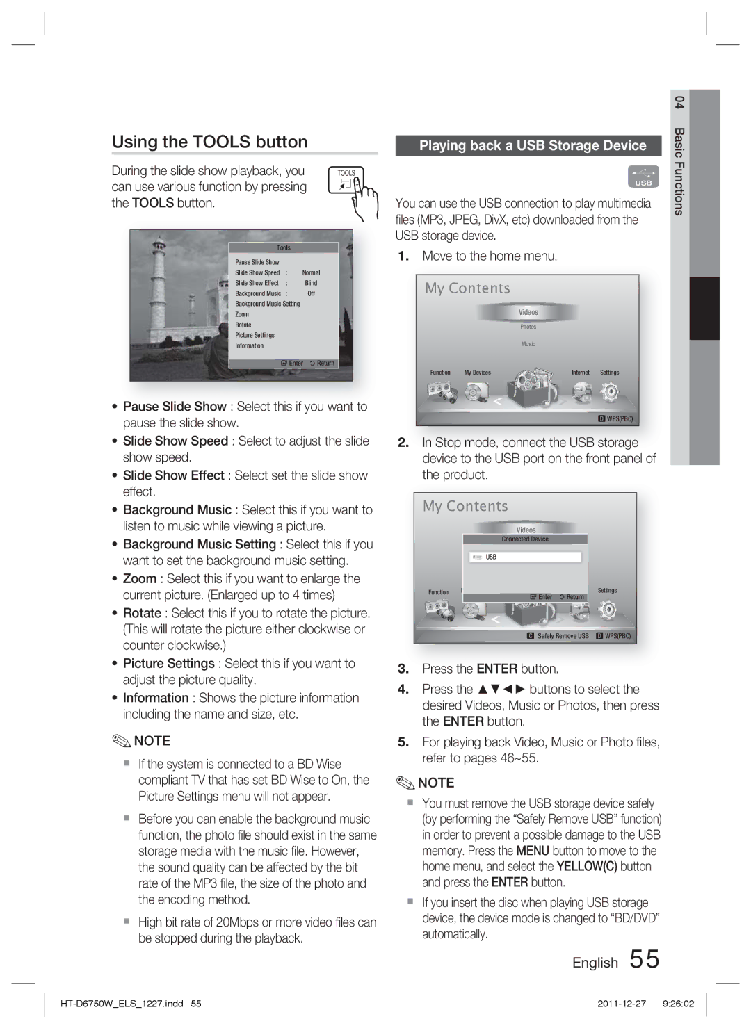 Samsung HT-D6750W/TK manual Using the Tools button, Playing back a USB Storage Device, Can use various function by pressing 