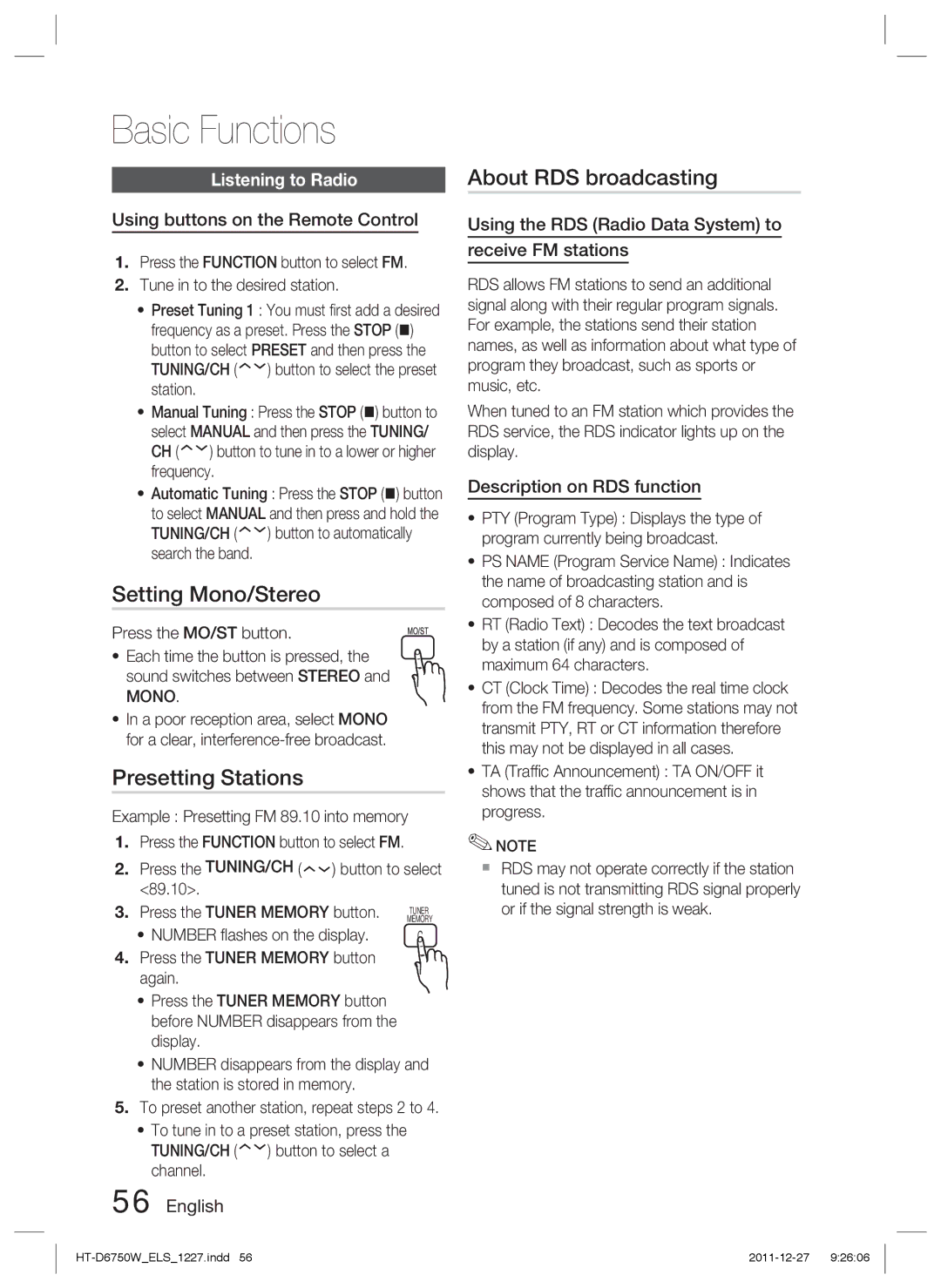 Samsung HT-D6750W/XN, HT-D6750W/TK Setting Mono/Stereo, Presetting Stations, About RDS broadcasting, Listening to Radio 