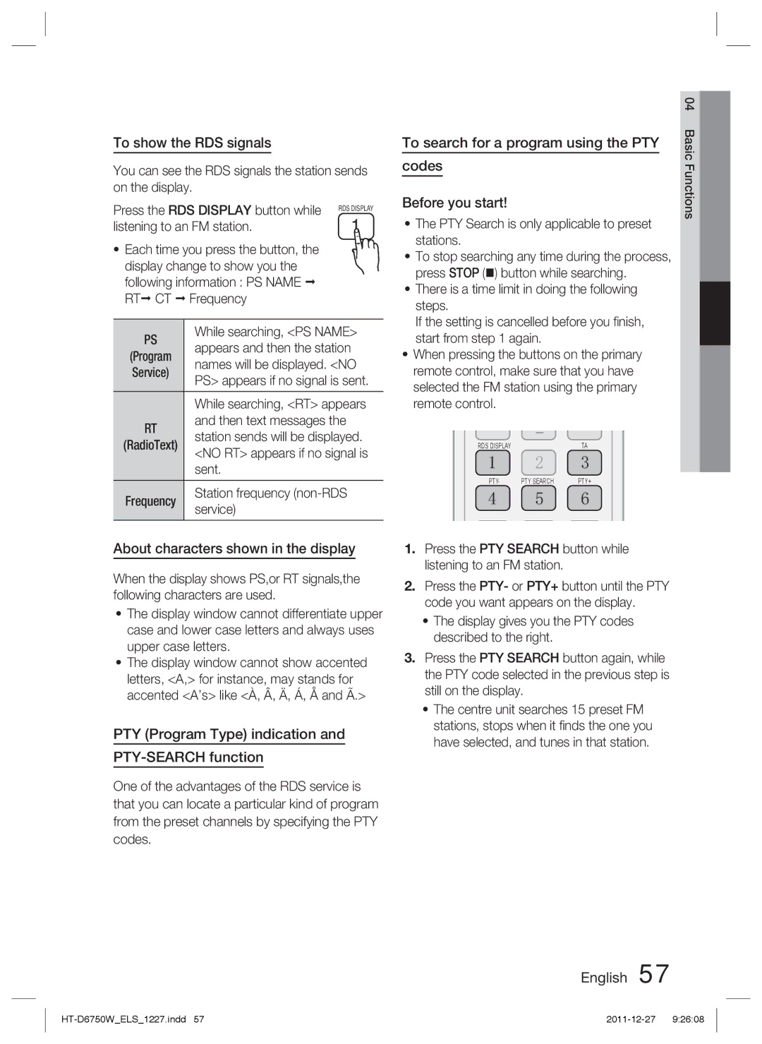 Samsung HT-D6750W/ZF To show the RDS signals, About characters shown in the display, To search for a program using the PTY 