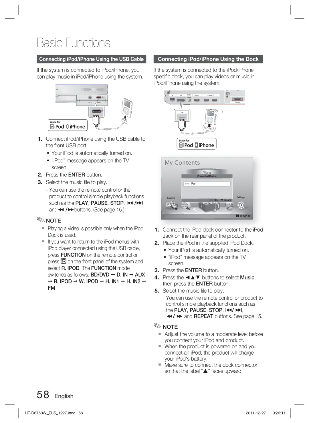 Samsung HT-D6750W/EN, HT-D6750W/TK, HT-D6750W/XN manual Connecting iPod/iPhone Using the Dock, Ipod W. Ipod H. IN1 H. IN2 