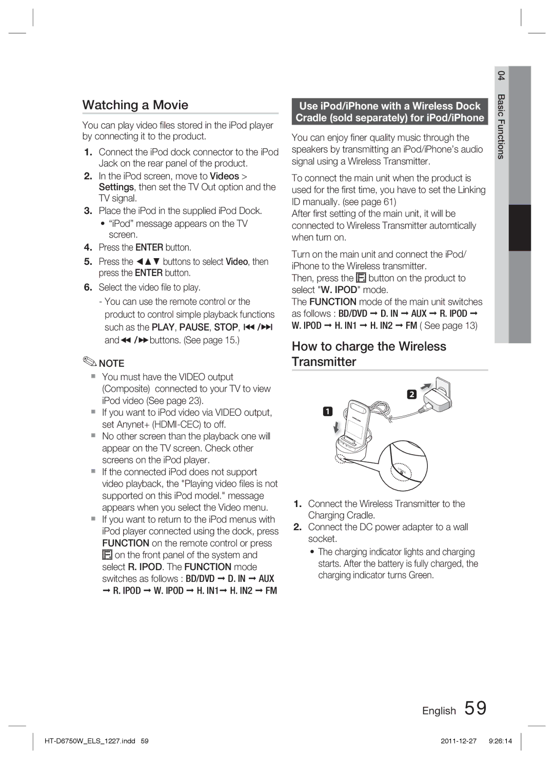 Samsung HT-D6750W/XE, HT-D6750W/TK manual Watching a Movie, How to charge the Wireless Transmitter, Ipod W. Ipod H. IN1 