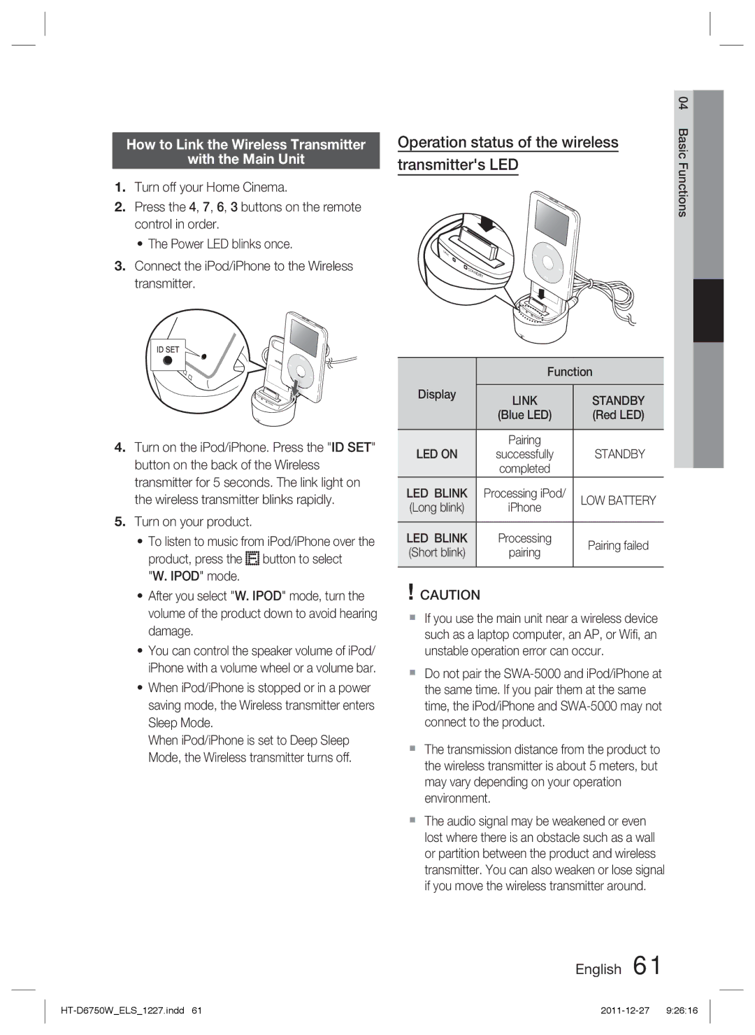 Samsung HT-D6750W/XN, HT-D6750W/TK, HT-D6750W/ZF, HT-D6750W/EN Operation status of the wireless, Transmitters LED, LED Blink 