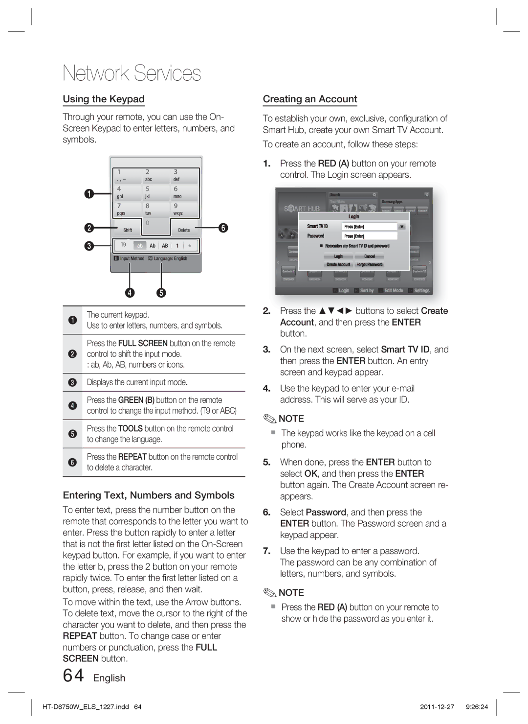 Samsung HT-D6750W/XE Using the Keypad, Entering Text, Numbers and Symbols, English Creating an Account, Current keypad 