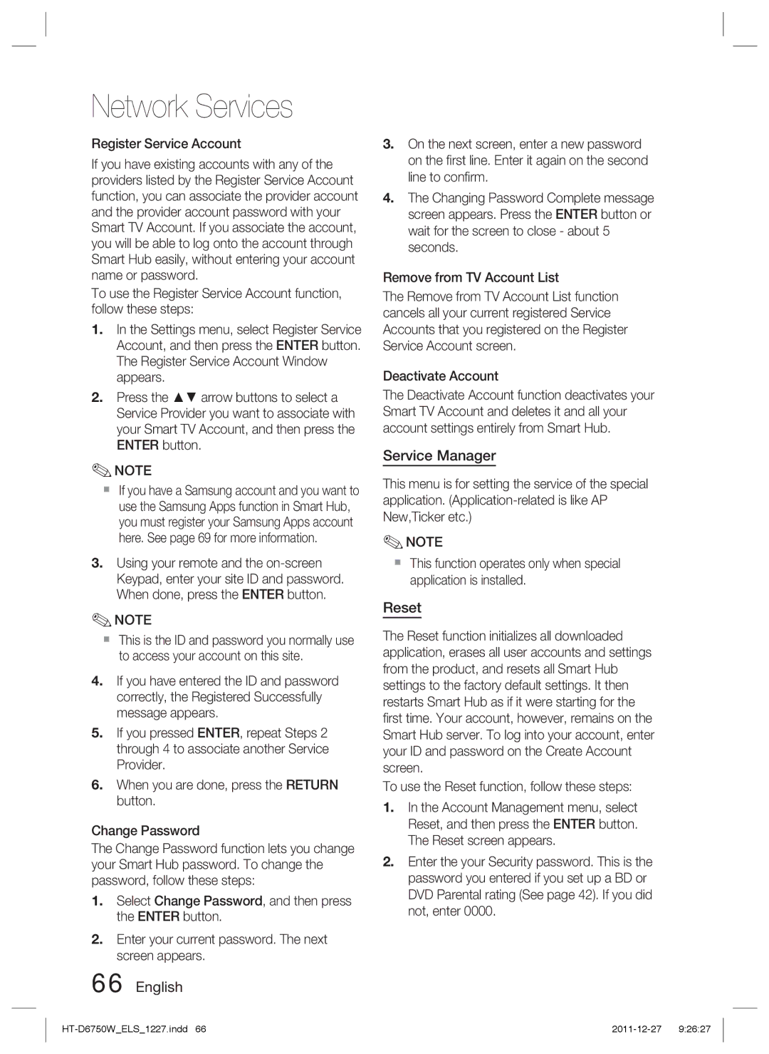 Samsung HT-D6750W/XN, HT-D6750W/TK, HT-D6750W/ZF, HT-D6750W/EN, HT-D6750W/XE Service Manager, Reset, Register Service Account 