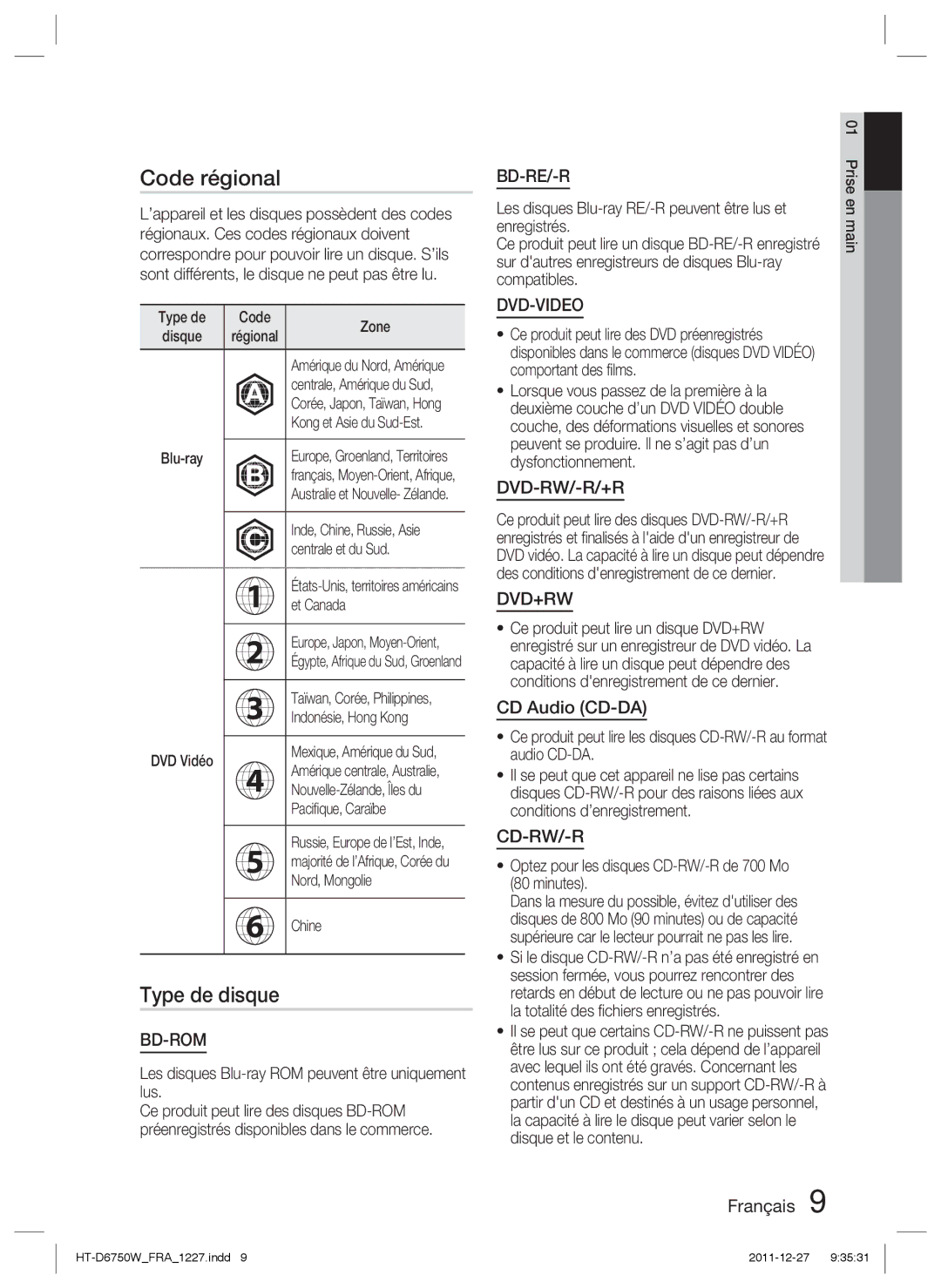 Samsung HT-D6750W/ZF, HT-D6750W/TK, HT-D6750W/XN, HT-D6750W/EN, HT-D6750W/XE Code régional, Type de disque, CD Audio CD-DA 