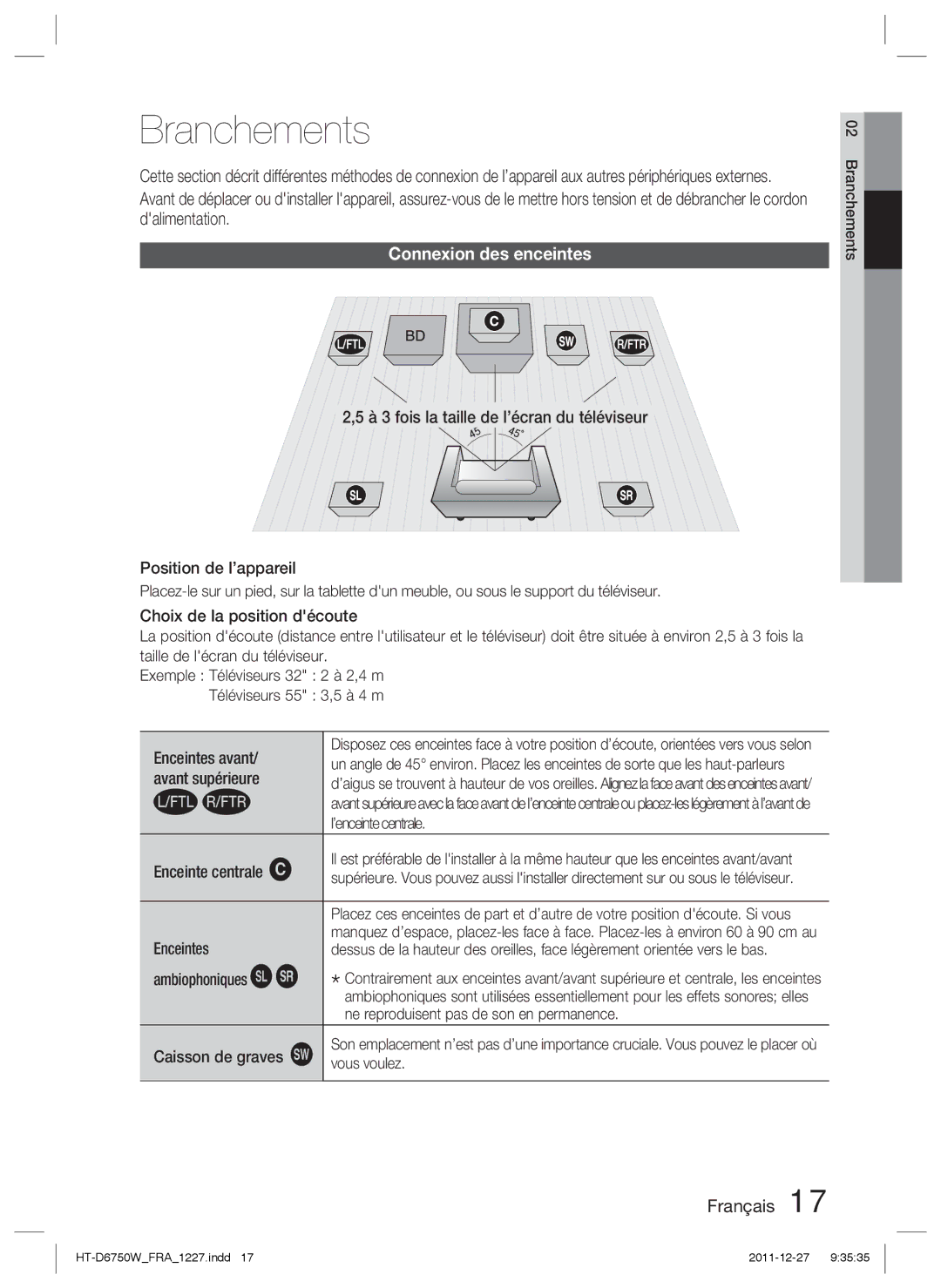 Samsung HT-D6750W/TK, HT-D6750W/XN manual Branchements, Connexion des enceintes, À 3 fois la taille de l’écran du téléviseur 