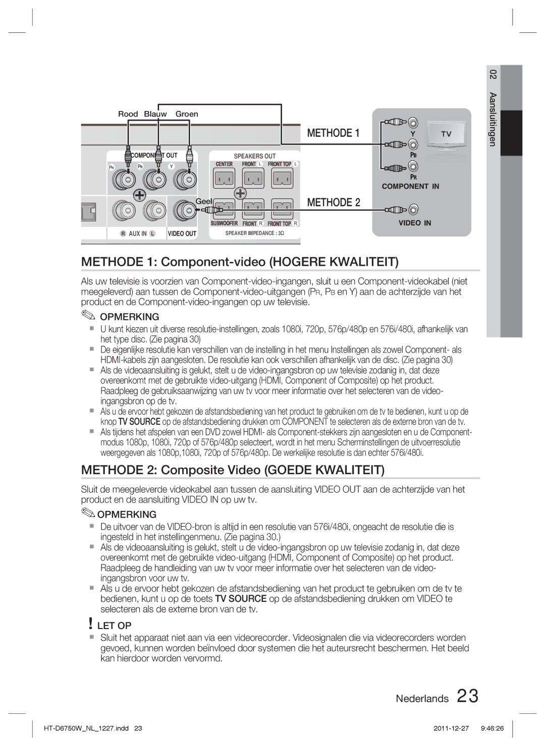 Samsung HT-D6750W/ZF, HT-D6750W/TK Methode 1 Component-video Hogere Kwaliteit, Methode 2 Composite Video Goede Kwaliteit 