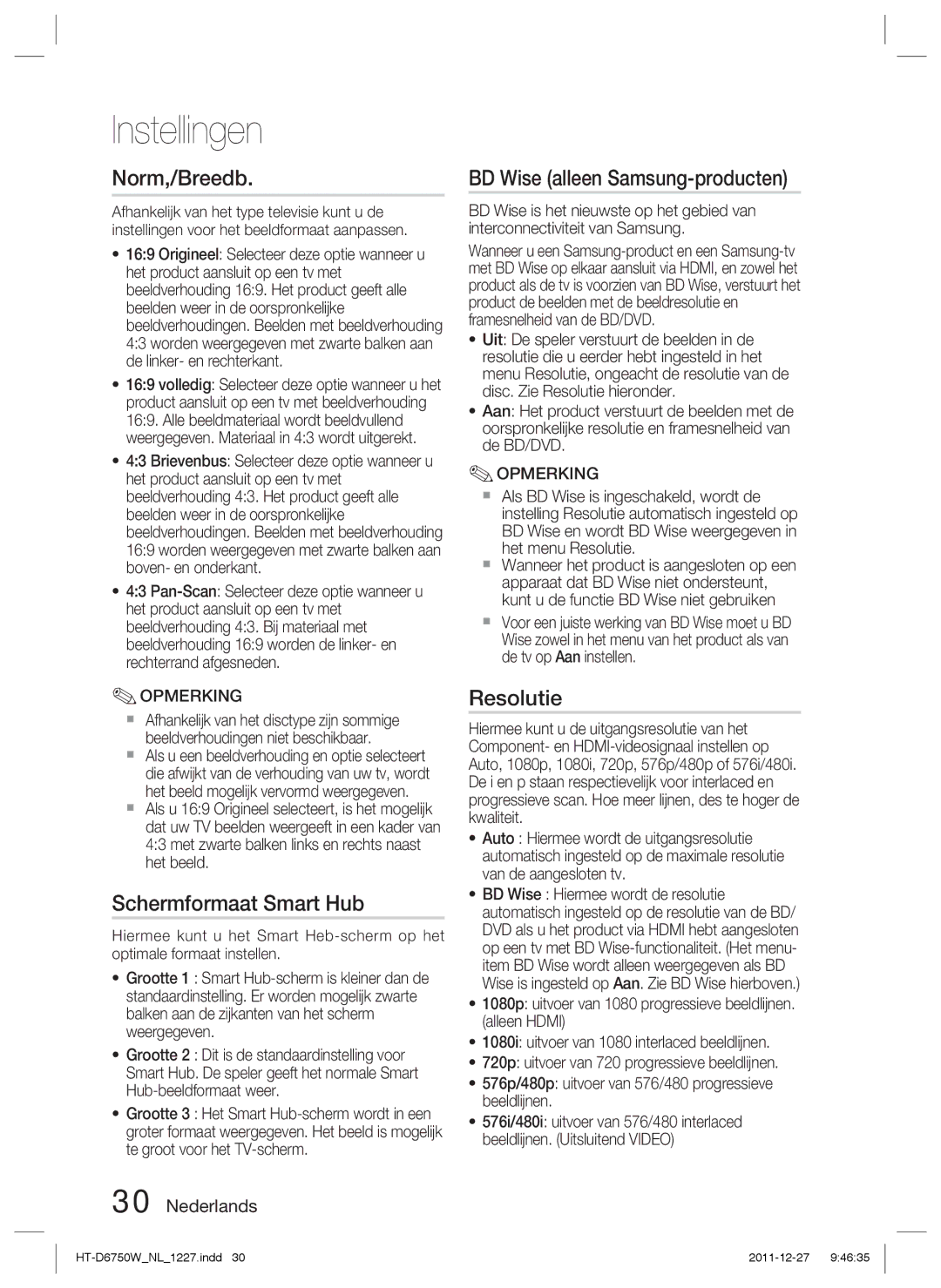 Samsung HT-D6750W/TK, HT-D6750W/XN manual Norm,/Breedb, Schermformaat Smart Hub, BD Wise alleen Samsung-producten, Resolutie 
