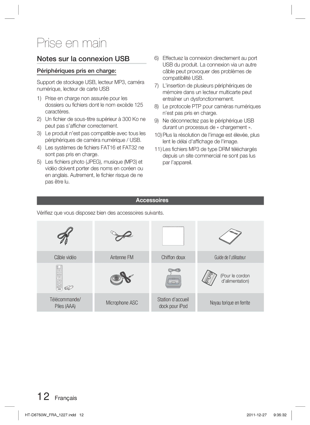 Samsung HT-D6750W/TK, HT-D6750W/XN manual Périphériques pris en charge, Accessoires, Microphone ASC, Guide de l’utilisateur 