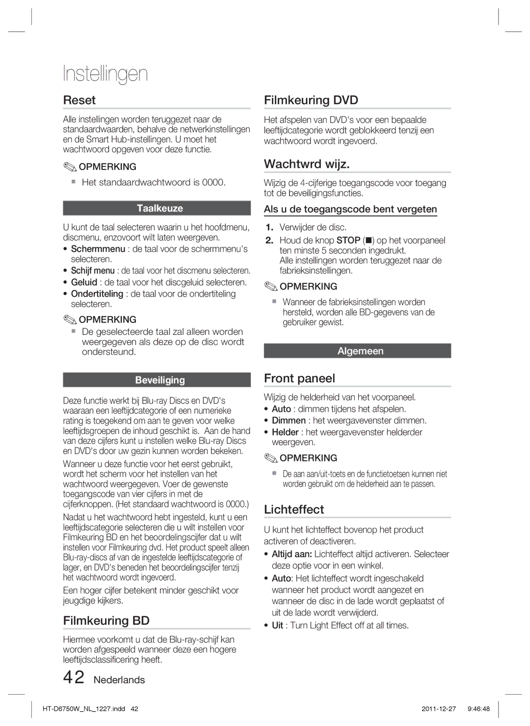 Samsung HT-D6750W/TK, HT-D6750W/XN manual Reset, Filmkeuring BD, Filmkeuring DVD, Wachtwrd wijz, Front paneel, Lichteffect 