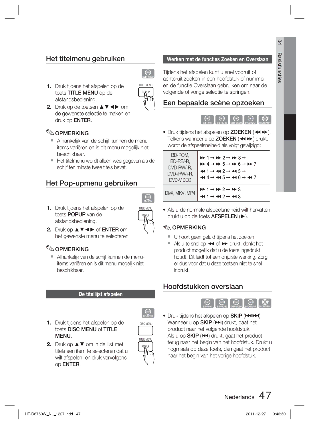 Samsung HT-D6750W/ZF, HT-D6750W/TK manual Het titelmenu gebruiken, Het Pop-upmenu gebruiken, Een bepaalde scène opzoeken 