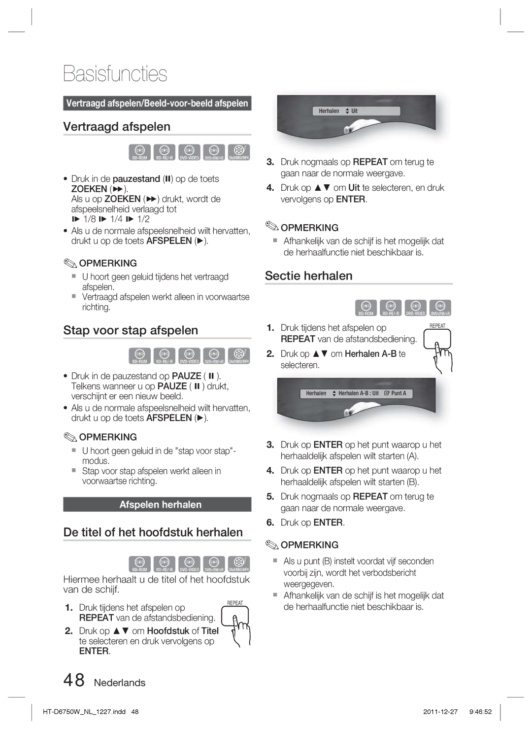 Samsung HT-D6750W/TK Vertraagd afspelen, Stap voor stap afspelen, De titel of het hoofdstuk herhalen, Sectie herhalen 