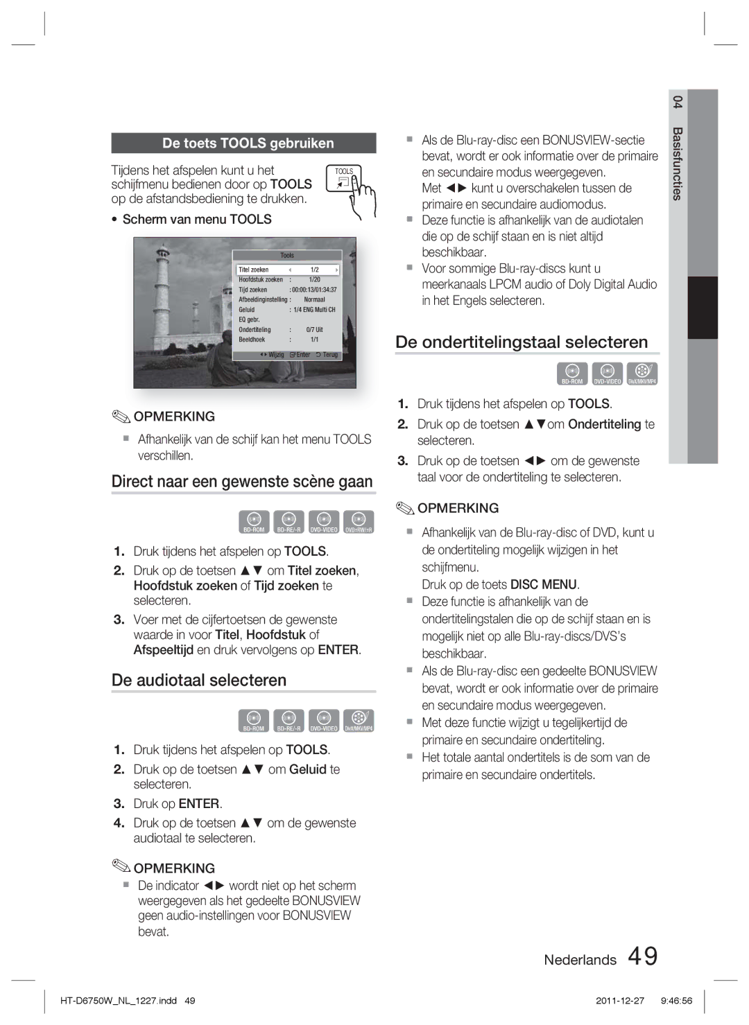 Samsung HT-D6750W/XN, HT-D6750W/TK De audiotaal selecteren, De ondertitelingstaal selecteren, De toets Tools gebruiken 