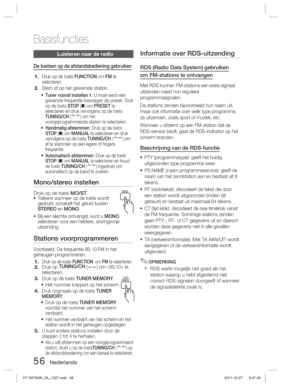 Samsung HT-D6750W/ZF, HT-D6750W/TK manual Mono/stereo instellen, Stations voorprogrammeren, Informatie over RDS-uitzending 