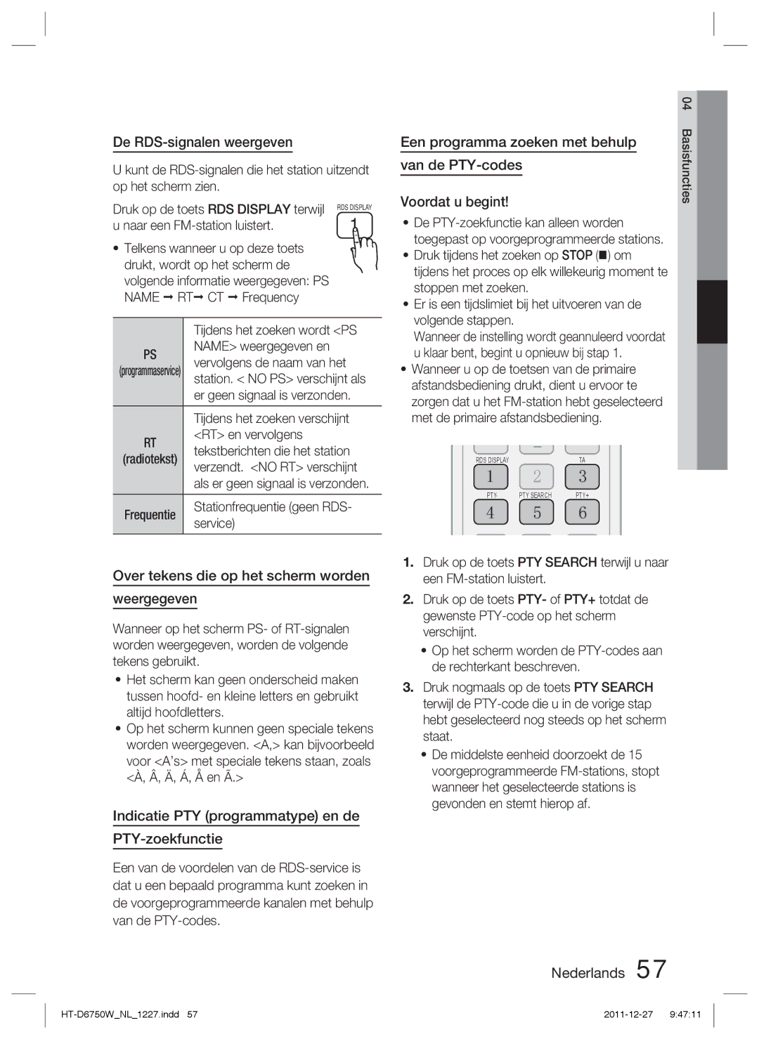 Samsung HT-D6750W/TK, HT-D6750W/XN manual De RDS-signalen weergeven, Over tekens die op het scherm worden Weergegeven 