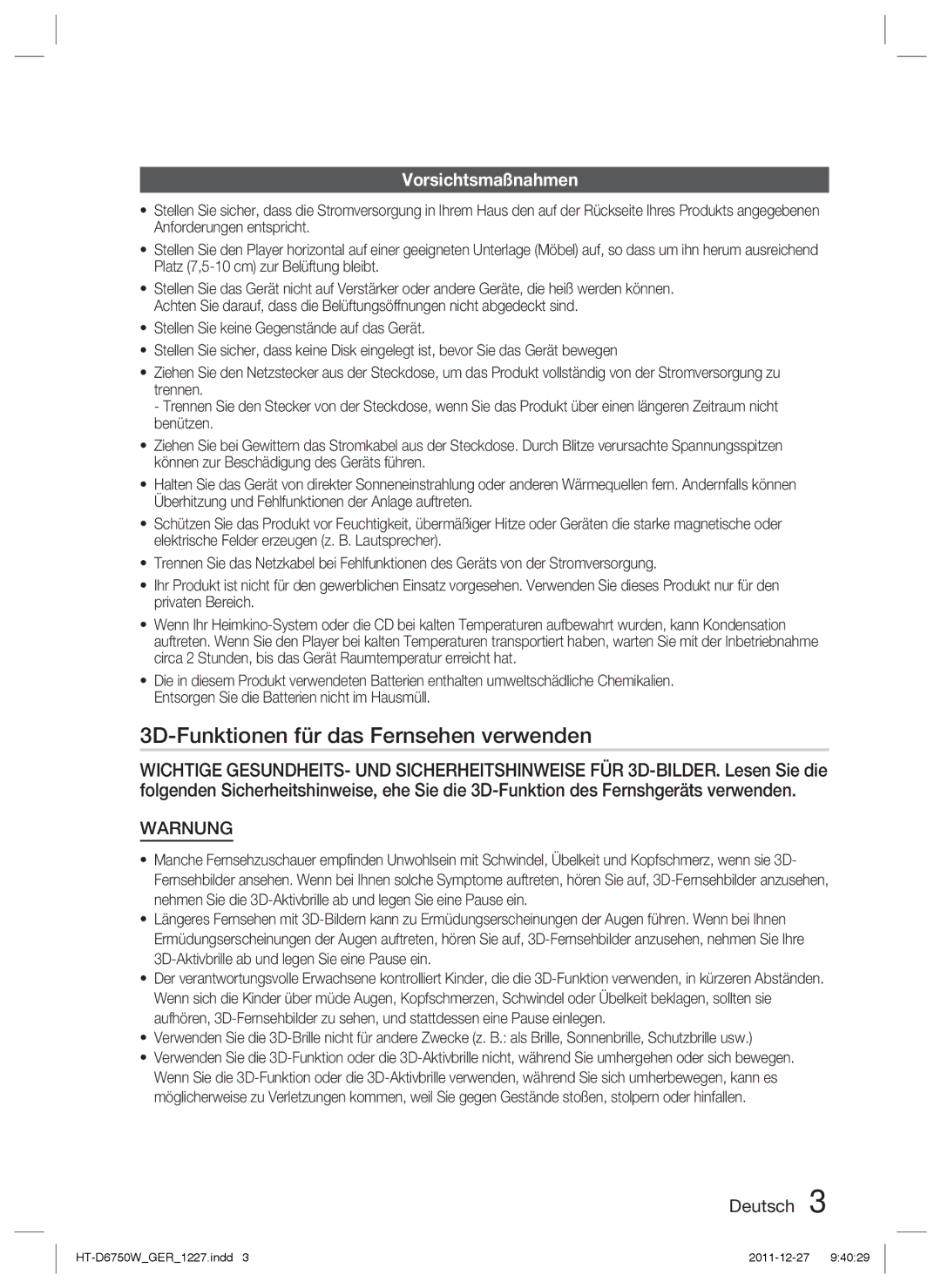 Samsung HT-D6750W/TK, HT-D6750W/XN, HT-D6750W/ZF manual 3D-Funktionen für das Fernsehen verwenden, Vorsichtsmaßnahmen 