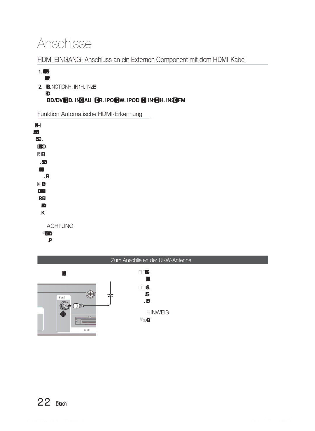 Samsung HT-D6750W/XN, HT-D6750W/TK, HT-D6750W/ZF manual Funktion Automatische HDMI-Erkennung, UKW-Antenne mitgeliefert 