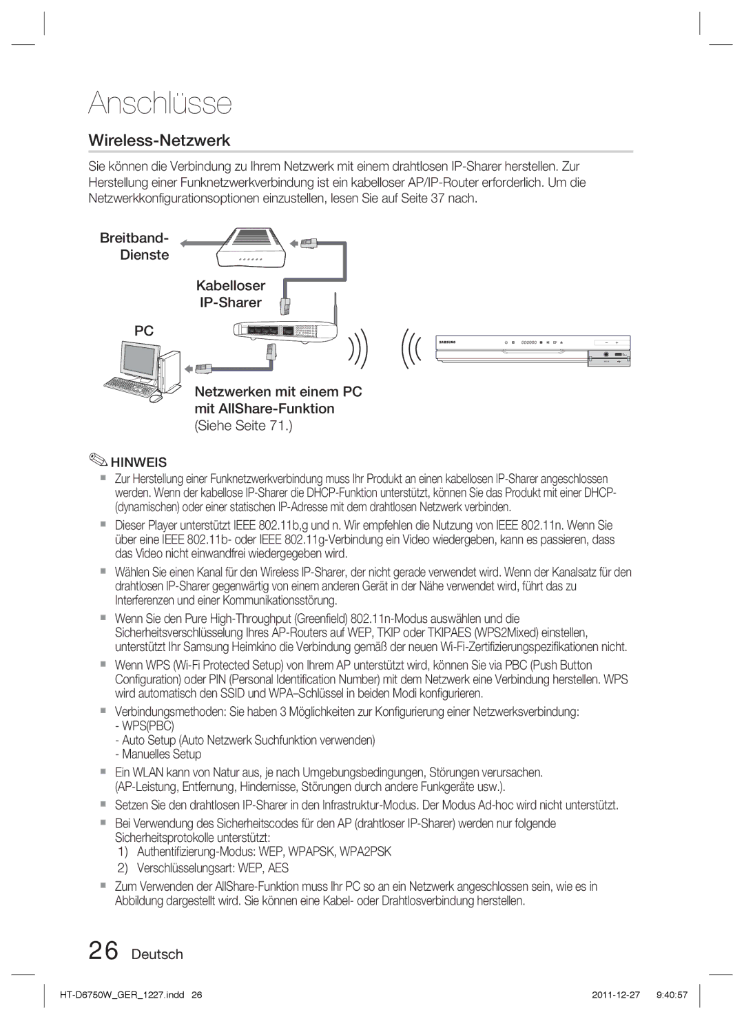 Samsung HT-D6750W/ZF, HT-D6750W/TK, HT-D6750W/XN manual Wireless-Netzwerk, Wpspbc 