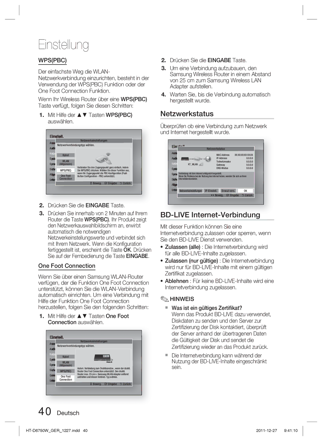 Samsung HT-D6750W/XN, HT-D6750W/TK, HT-D6750W/ZF manual Netzwerkstatus, BD-LIVE Internet-Verbindung 