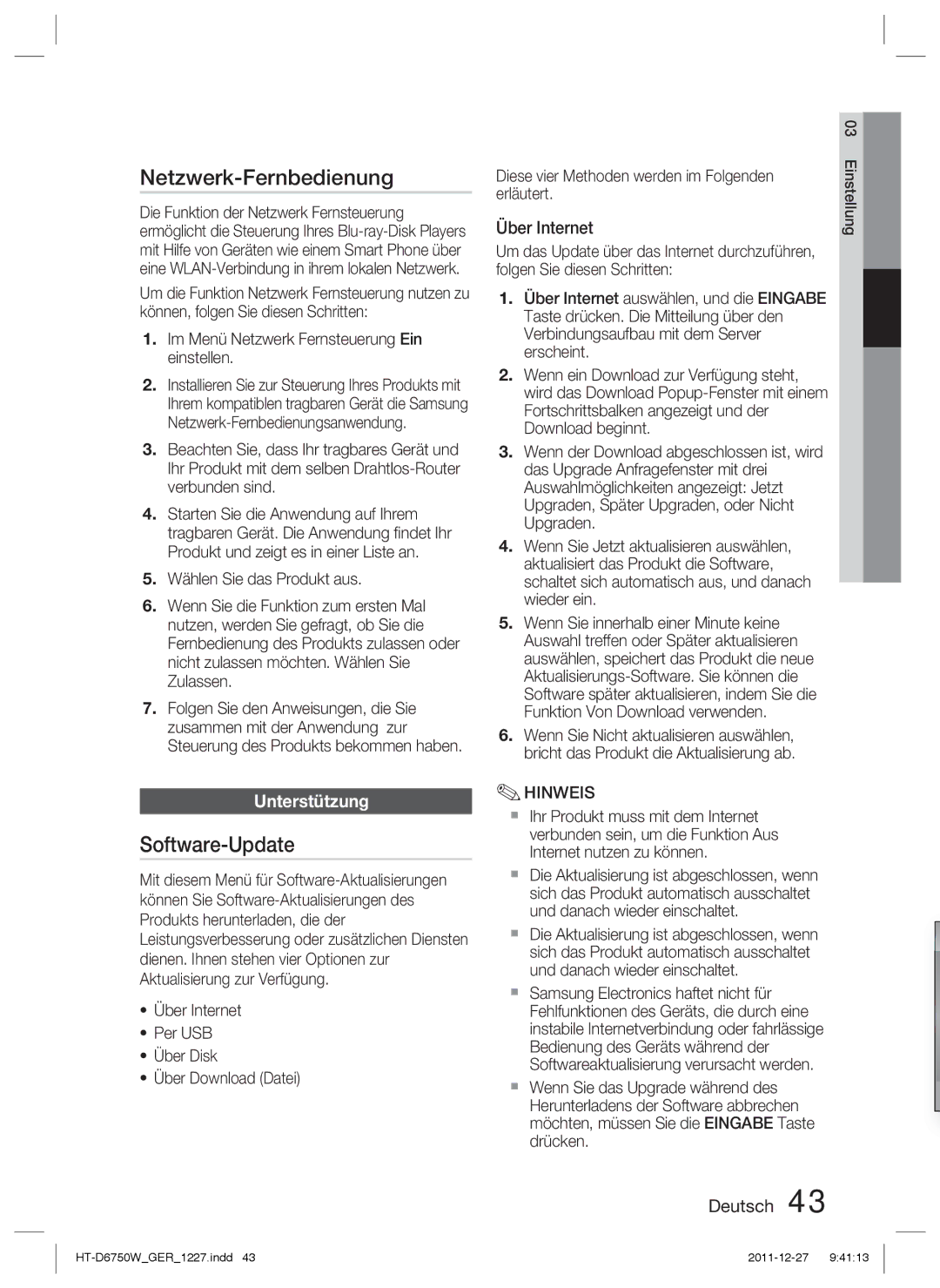 Samsung HT-D6750W/XN, HT-D6750W/TK, HT-D6750W/ZF manual Netzwerk-Fernbedienung, Software-Update, Unterstützung, Über Internet 