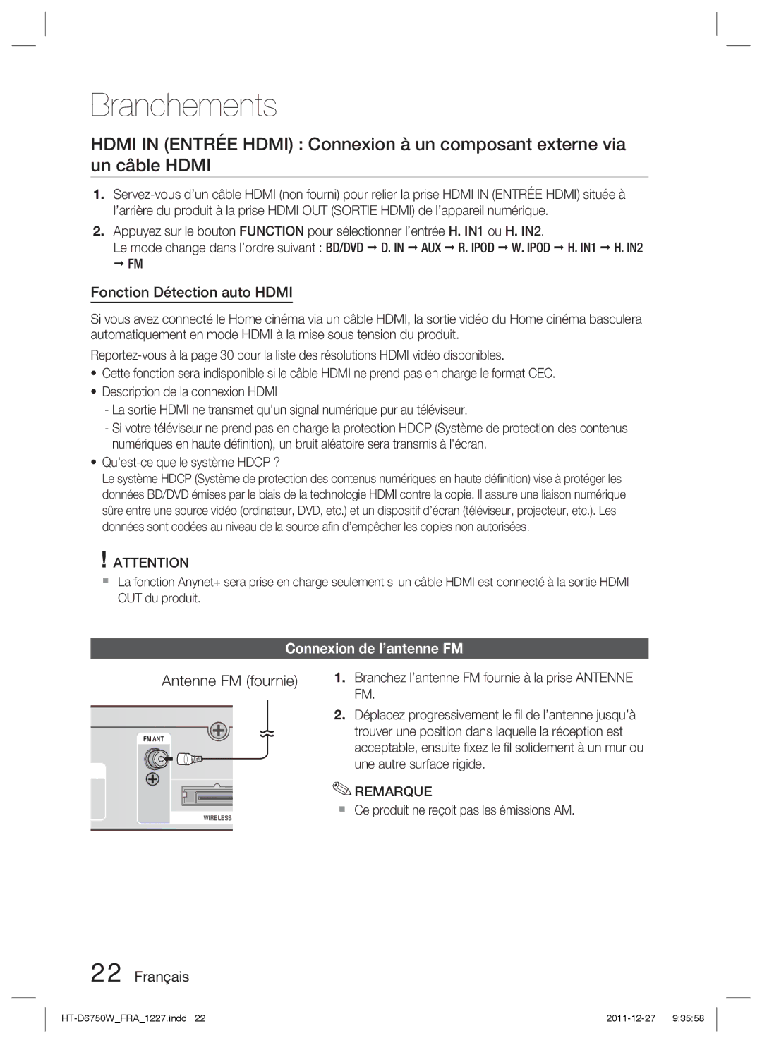 Samsung HT-D6750W/XN, HT-D6750W/TK manual Antenne FM fournie, Fonction Détection auto Hdmi, Connexion de l’antenne FM 