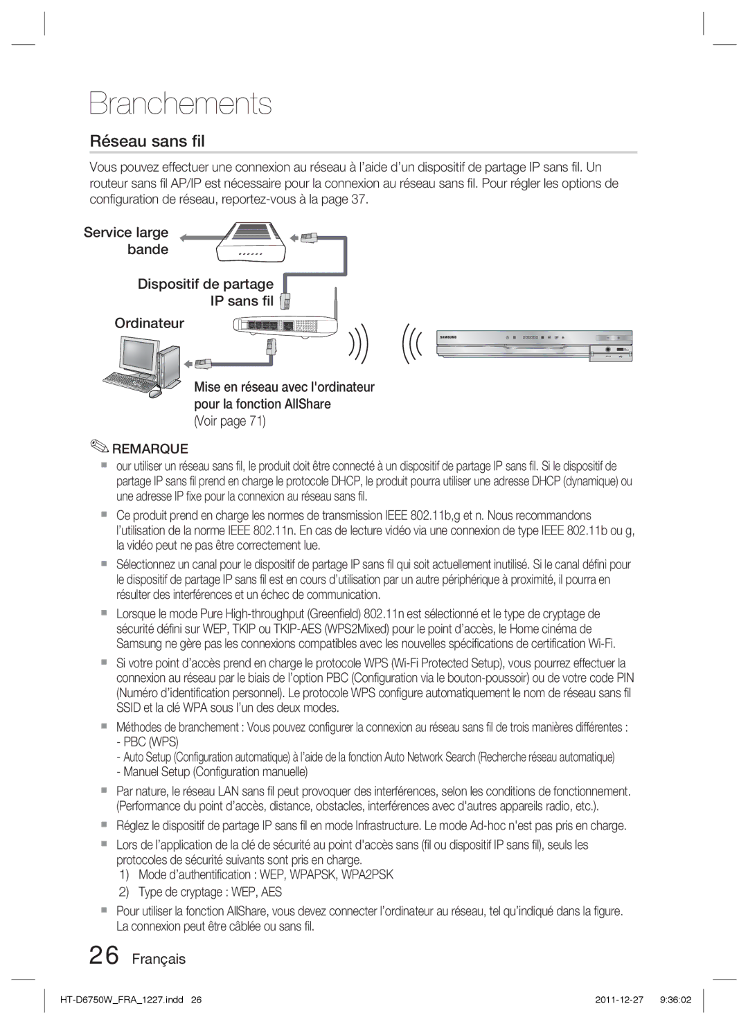 Samsung HT-D6750W/ZF, HT-D6750W/TK, HT-D6750W/XN Voir, Mise en réseau avec lordinateur pour la fonction AllShare, Pbc Wps 