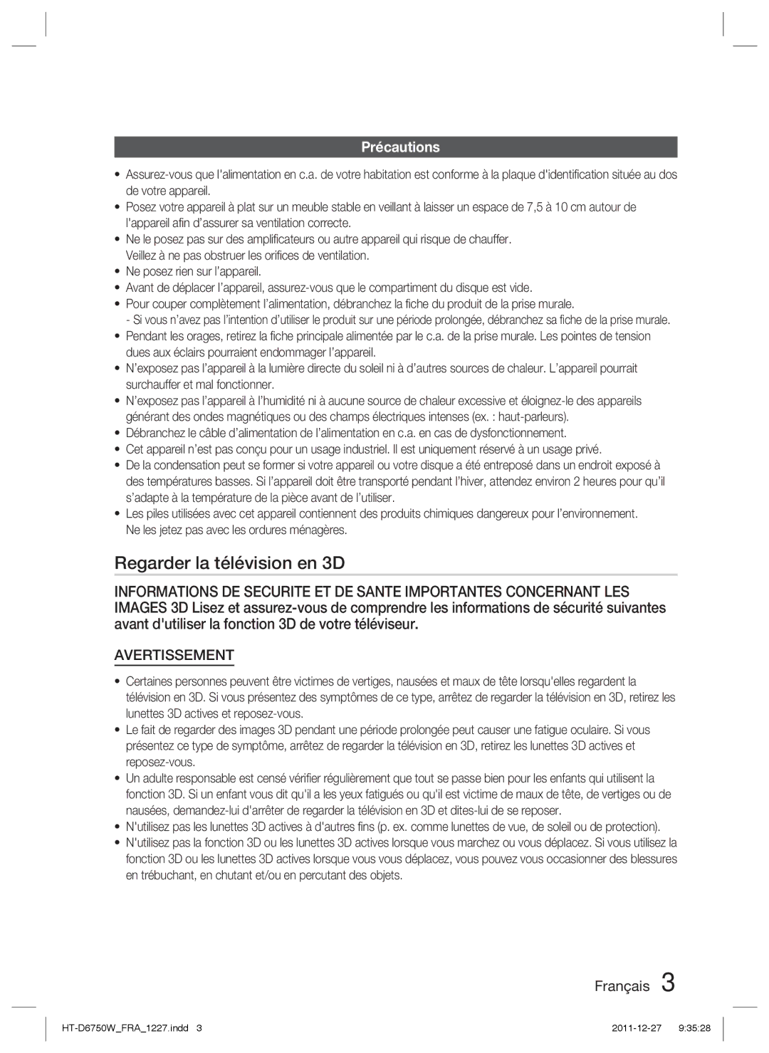 Samsung HT-D6750W/TK, HT-D6750W/XN, HT-D6750W/ZF manual Regarder la télévision en 3D, Précautions 