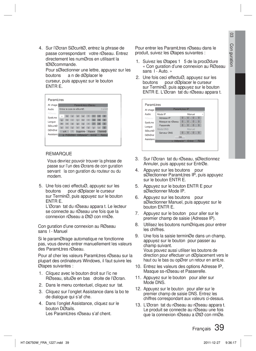 Samsung HT-D6750W/TK, HT-D6750W/XN, HT-D6750W/ZF manual « Conﬁguration dune connexion au Réseau 