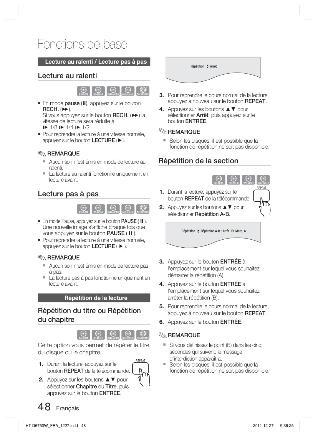 Samsung HT-D6750W/TK, HT-D6750W/XN Lecture au ralenti, Lecture pas à pas, Répétition du titre ou Répétition du chapitre 