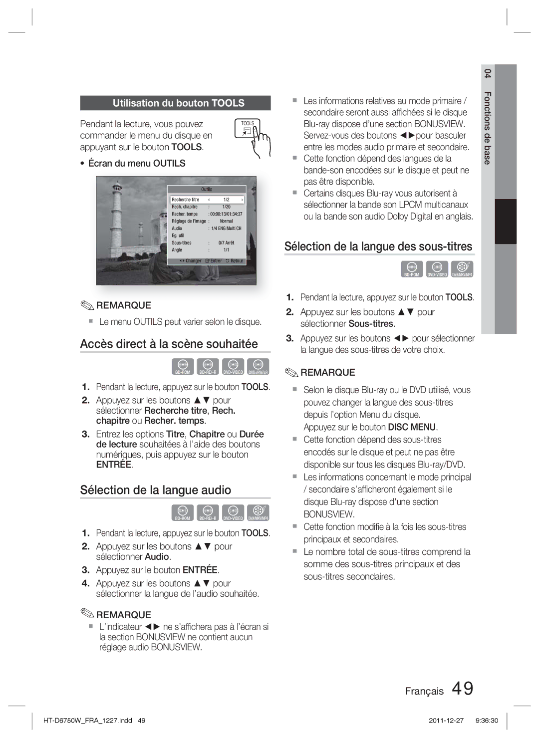 Samsung HT-D6750W/XN manual Accès direct à la scène souhaitée, Sélection de la langue audio, Utilisation du bouton Tools 