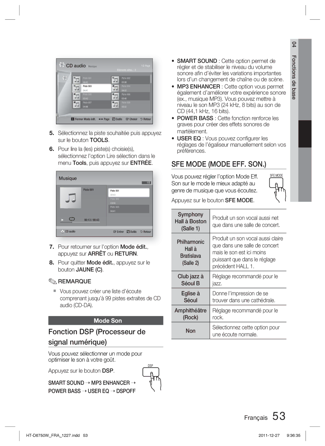 Samsung HT-D6750W/ZF, HT-D6750W/TK, HT-D6750W/XN manual Fonction DSP Processeur de signal numérique, Mode Son 